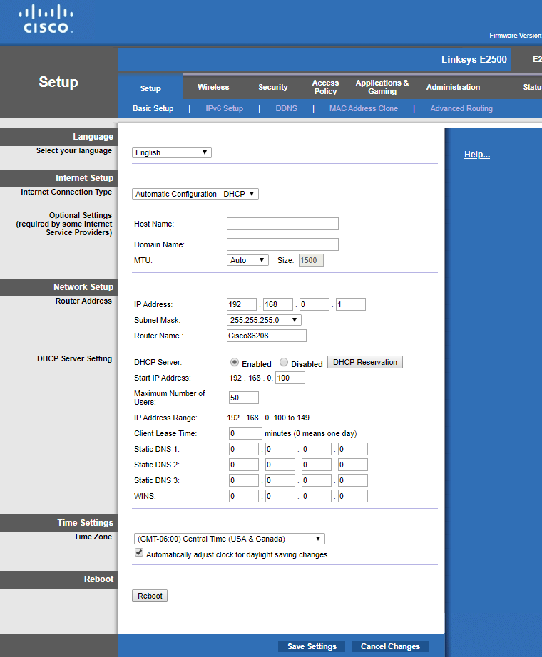 Start page of a Linksys E2500